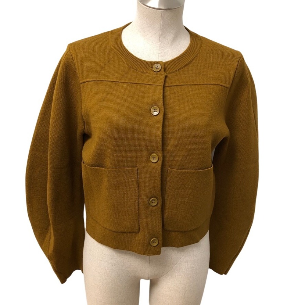 Zara Cardigan Womens Small Mustard Yellow Balloon Sleeve Button Up Cropped